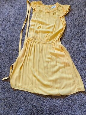 LOFT Yellow Mini Dress with Lace Yoke with pockets